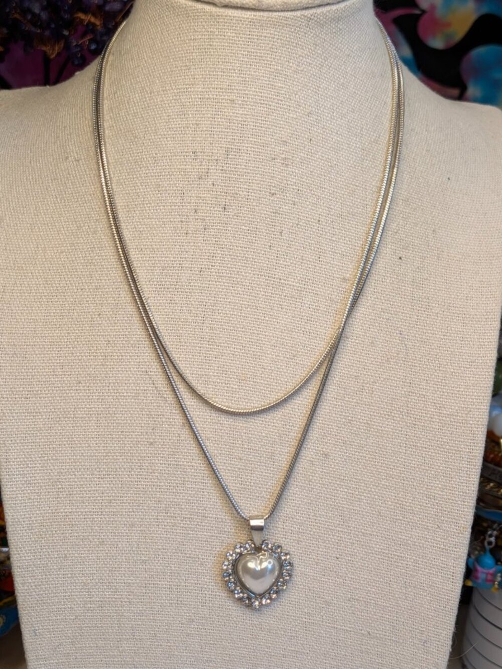 Layered Silvertone Heart Pendant Necklace